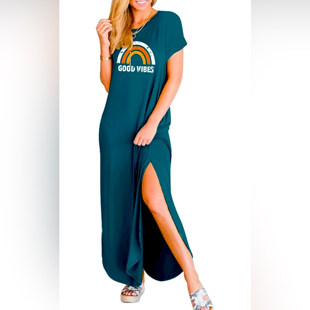 Long Dress Split Maxi Summer Beach cover up with Pockets Teal